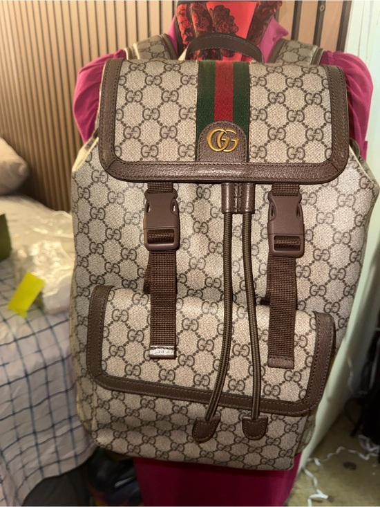 Gucci Beige GG Supreme Canvas Backpack with Green-Red Web main image 8